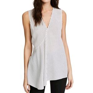 NWT Theory Pinstripe Fluid Asymmetrical Silk Top Small White Black V-Neck Luxury